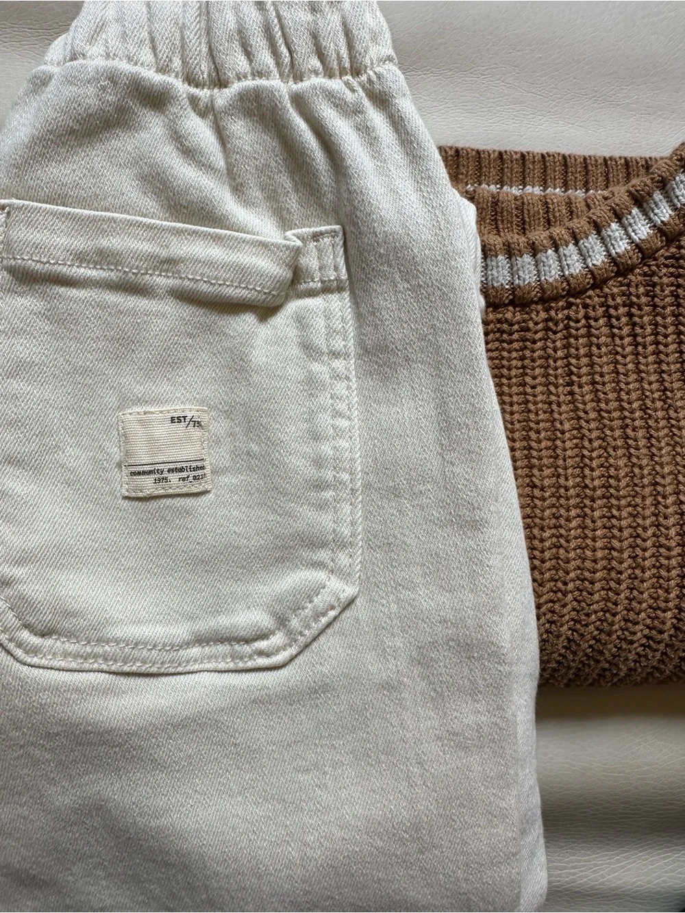 5t Little Co Caramel Knit Sweater & 4/5 Zara Cream Denim Pants